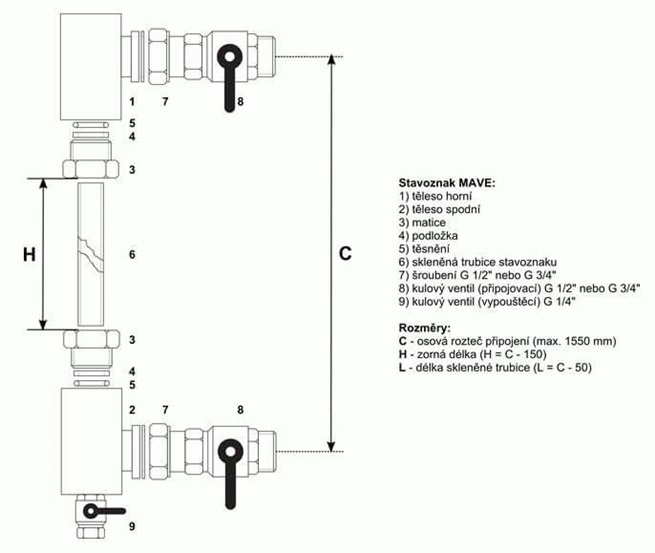 MAVE stavoznak ST-30-95°C, JT16 G3/4" vč. trubice