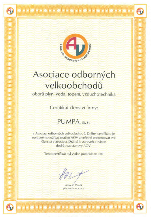 Certifikát pro společnost PUMPA a,s.