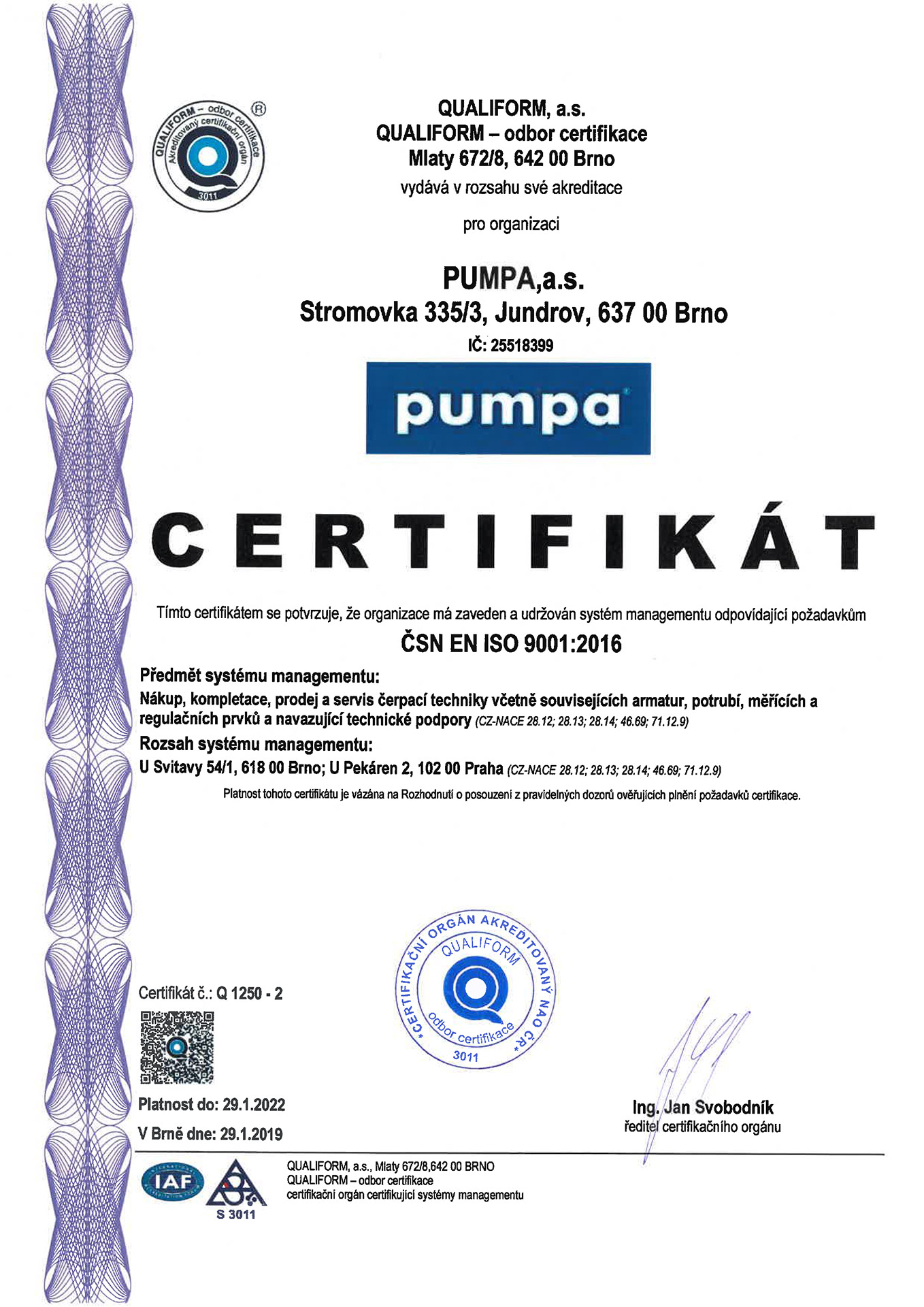 Certifikát ISO pro firmu Pumpa.